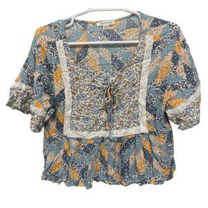American Eagle Medium Floral Patchwork Blouse With Lace Trim
